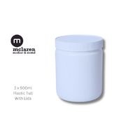 3 x 500ml White HDPE Round Plastic Jars With 83mm Screw Neck & 3 x Lined Ribbed Lids 